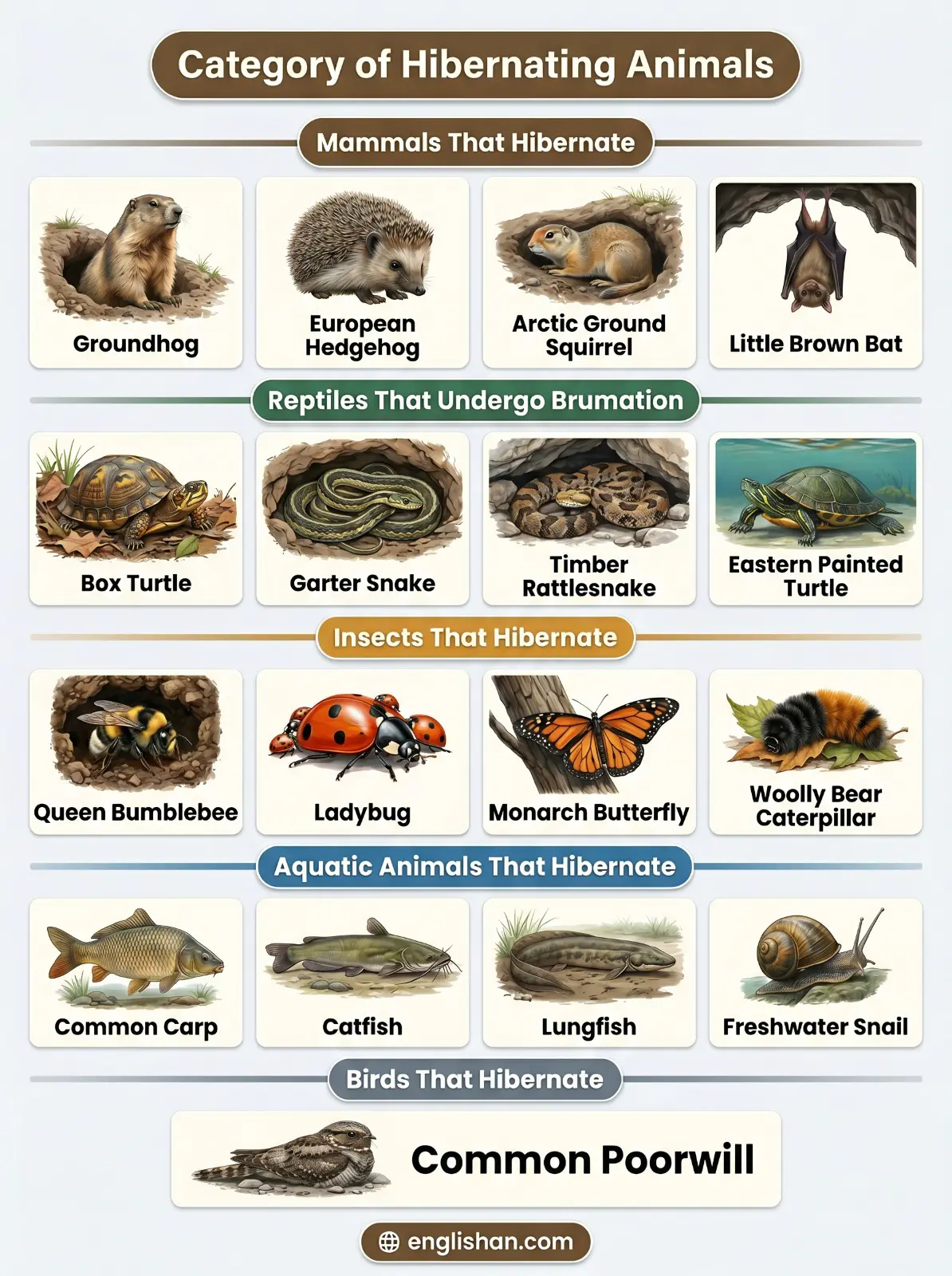 Hibernating Animals Names by Category showing brown bear hedgehog bat snake frog and turtle during winter dormancy and brumation