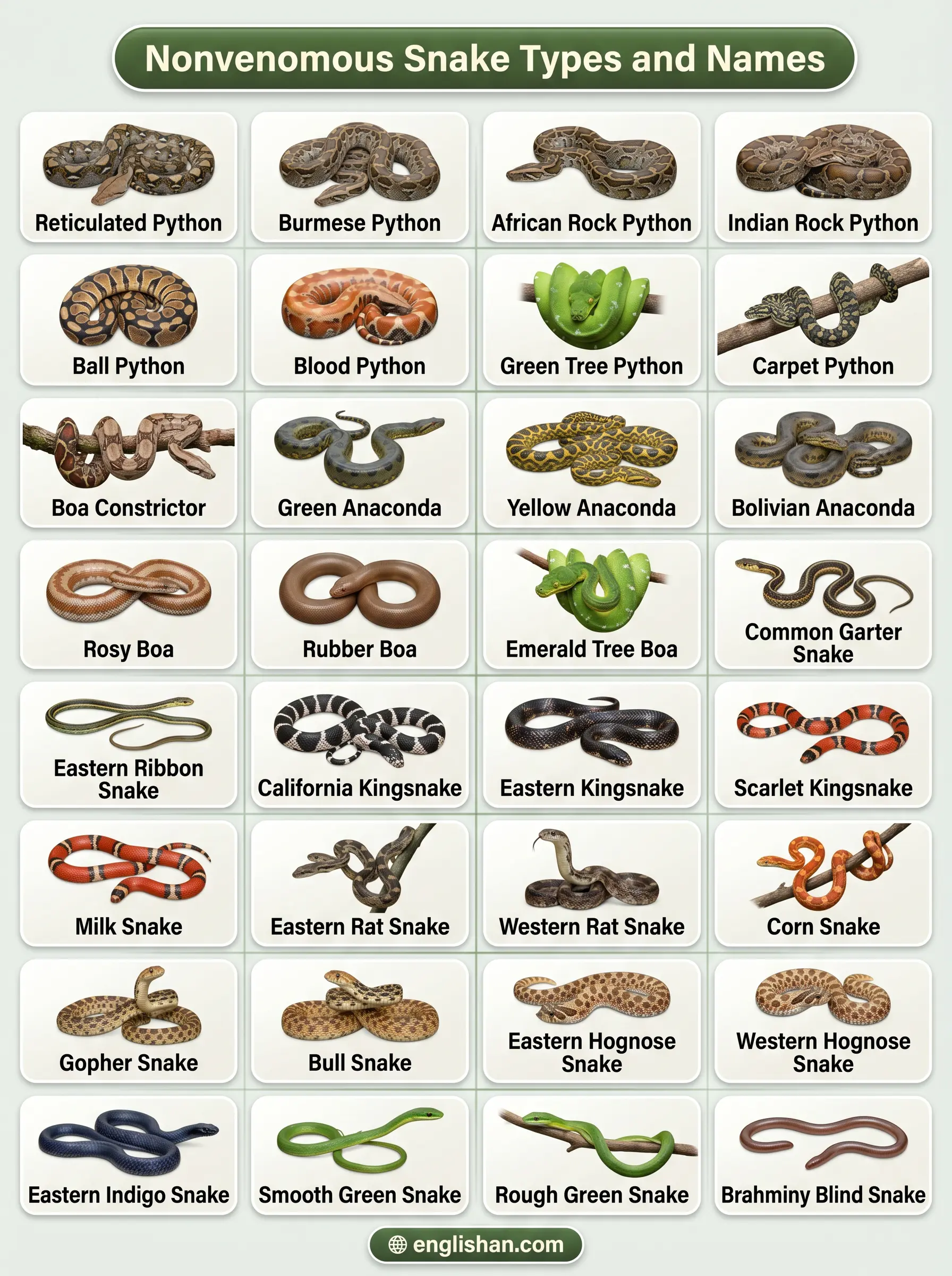 Nonvenomous snake types and names including Python, Corn Snake, and Garter Snake