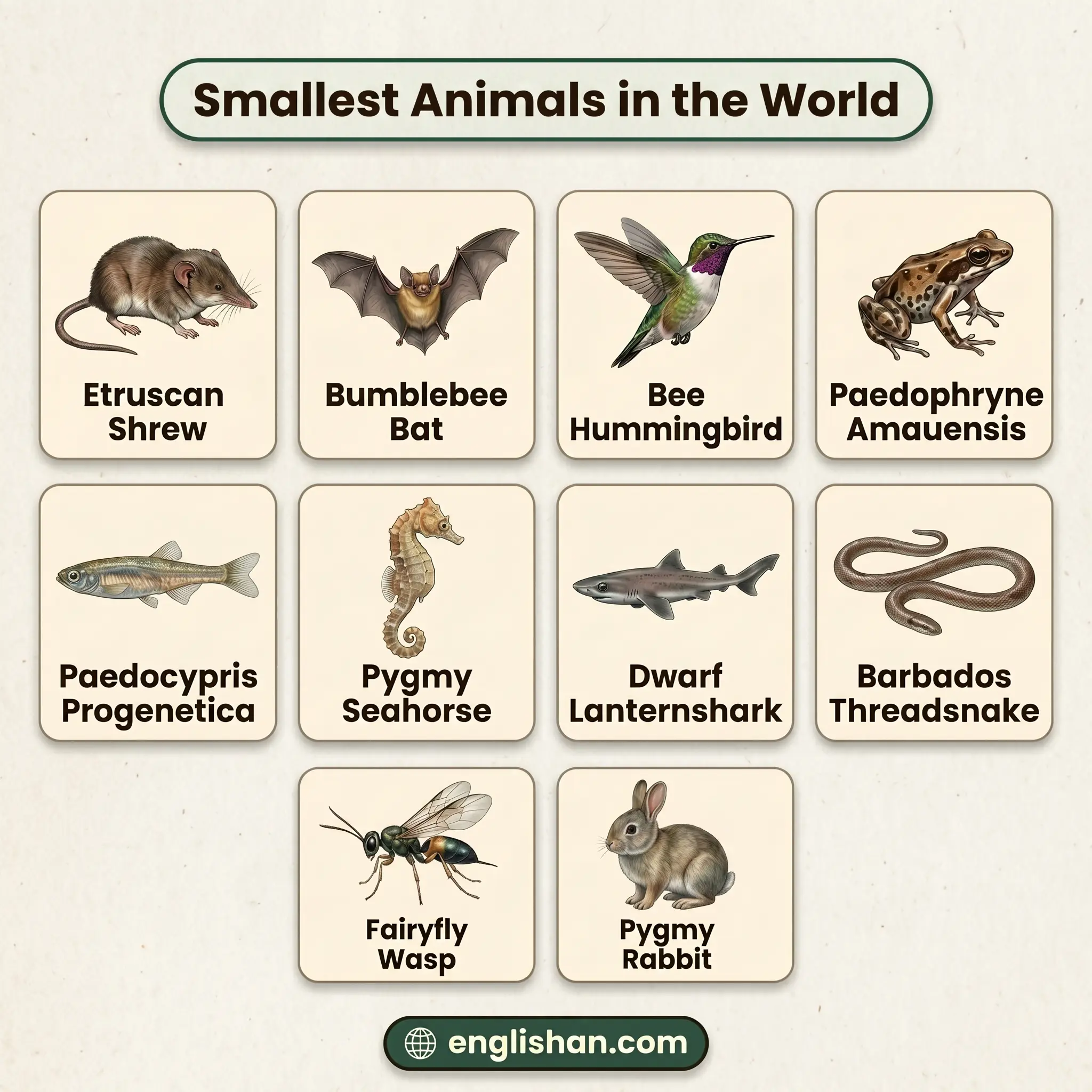 Smallest animals in the world featuring bee hummingbird, pygmy marmoset, and fairyfly