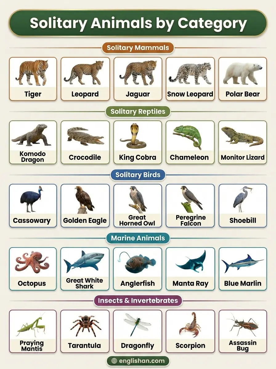 Solitary animals by category featuring mammals, birds, reptiles, fish, and invertebrates with representative species