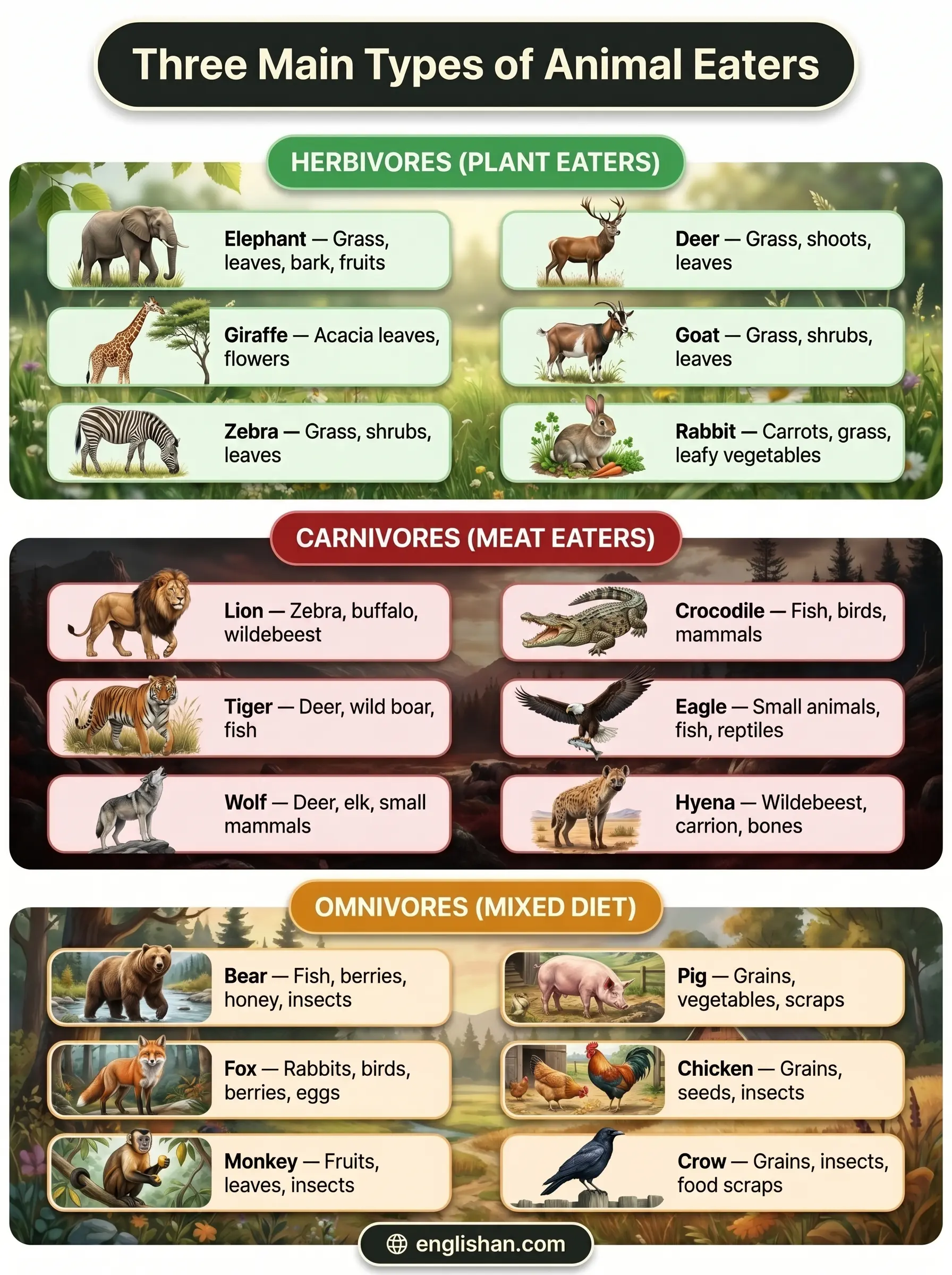 Three main types of animal eaters herbivores carnivores omnivores with animal examples
