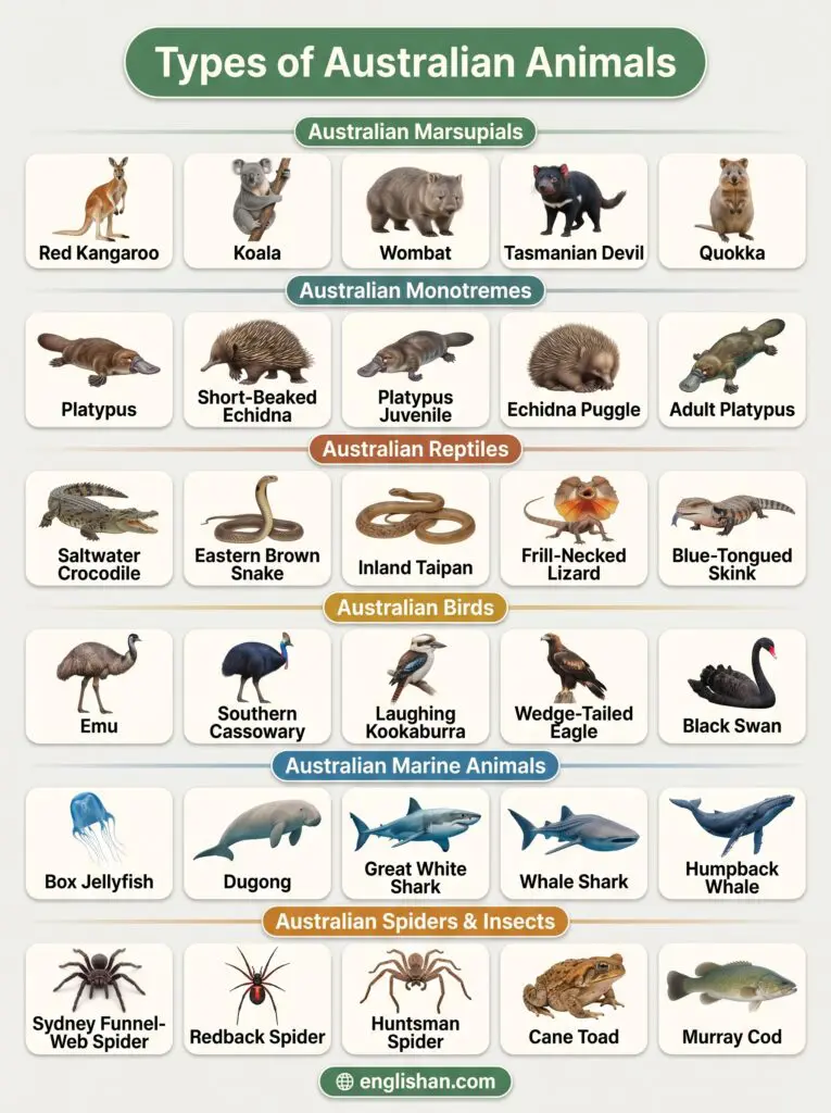Types of Australian animals with kangaroo, koala, emu, platypus, and echidna species