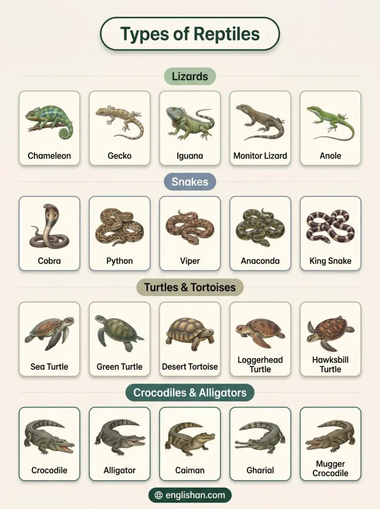 Reptile animals name in English with cobra, python, crocodile, iguana, gecko, and turtle species examples