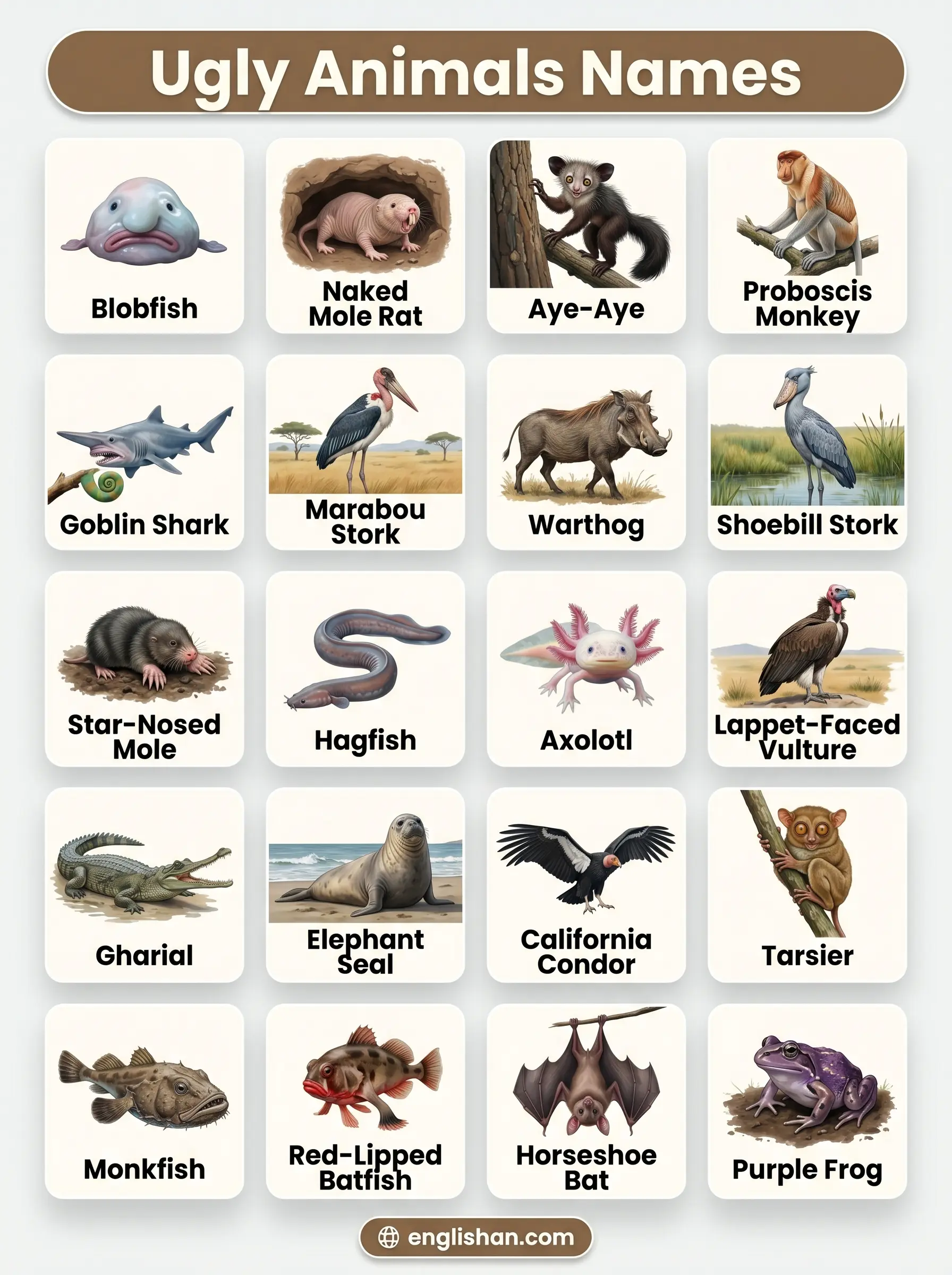 Ugly Animals Names featuring Blobfish, Shoebill Stork, Naked Mole Rat, and Aye-aye species list