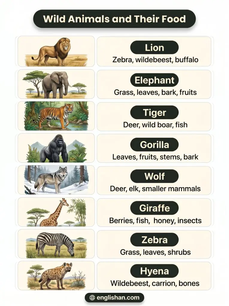 Wild animals and their food including lion, giraffe, elephant, tiger, and panda