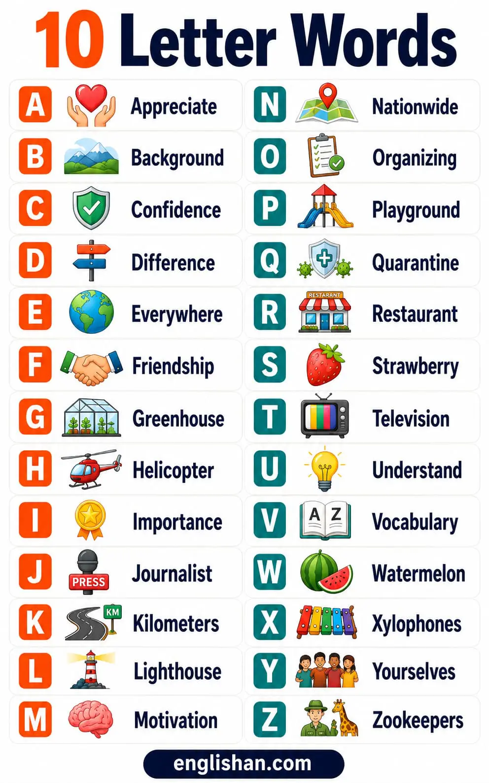 10 letter words such as basketball, friendship, strawberry, blackboard, earthquake, watermelon, dictionary, and television.