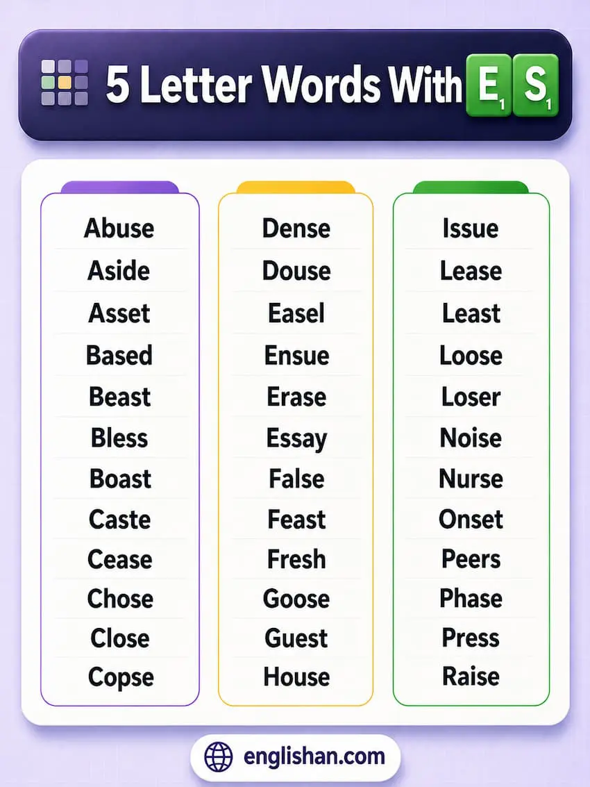 5 letter words with e and s such as easel, sense, chest, chase, arose, and tense.