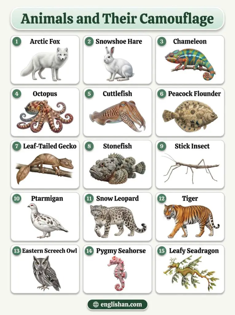 List animals and their camouflage with pictures showing species that blend into their natural surroundings.