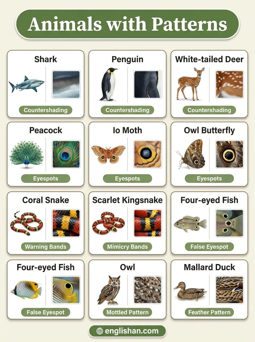 Animals with patterns including zebra, tiger, leopard, giraffe, and peacock with distinctive natural markings.