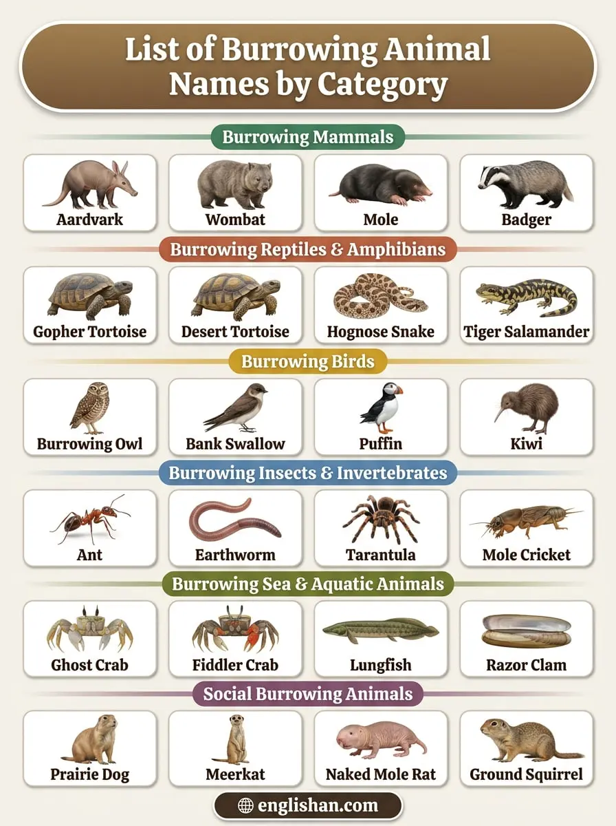 List of burrowing animal names by category featuring rabbit, mole, groundhog, and prairie dog species