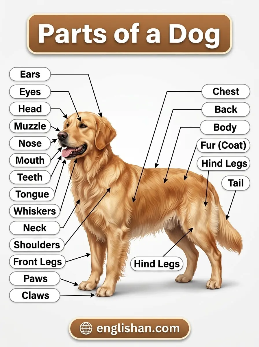 Dog body parts with names showing the head, muzzle, ears, paws, tail, and legs.
