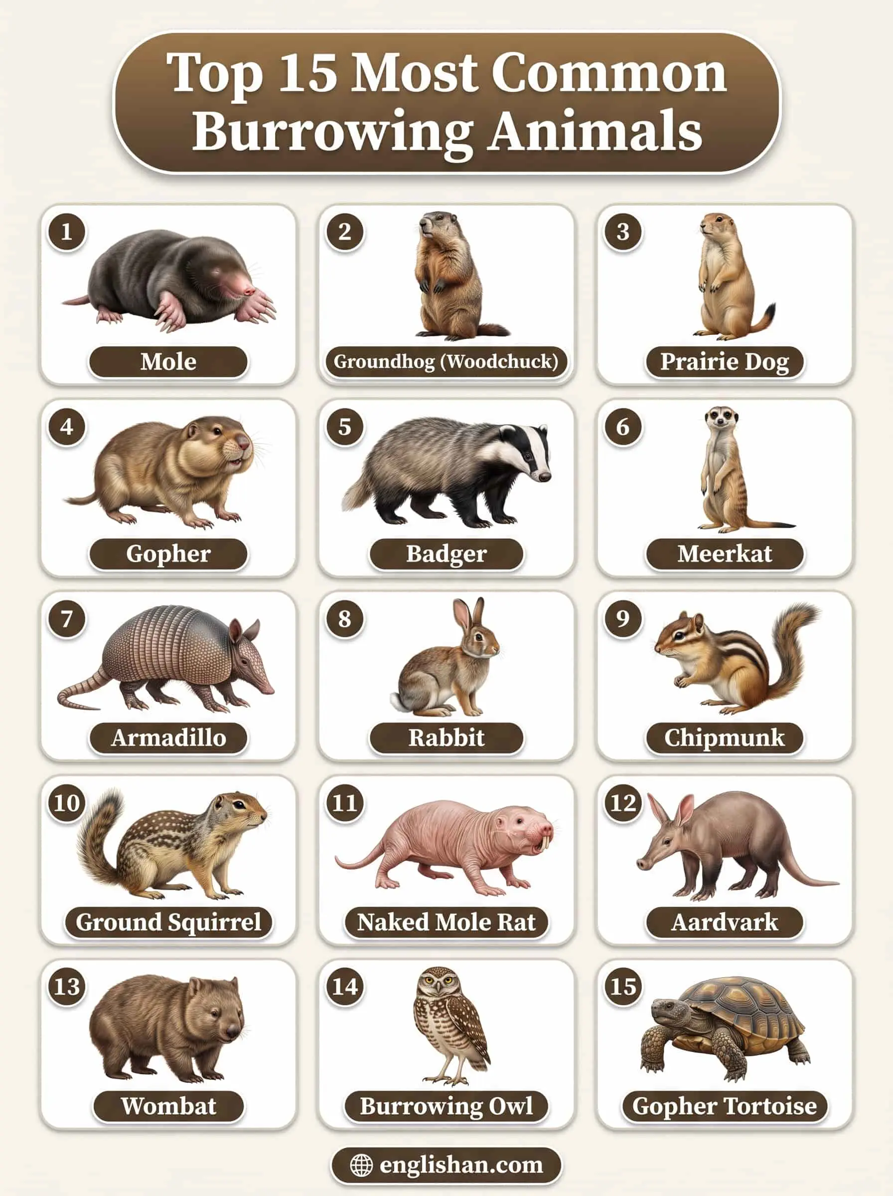 Top 15 most common burrowing animals with pictures including rabbit, mole, and groundhog