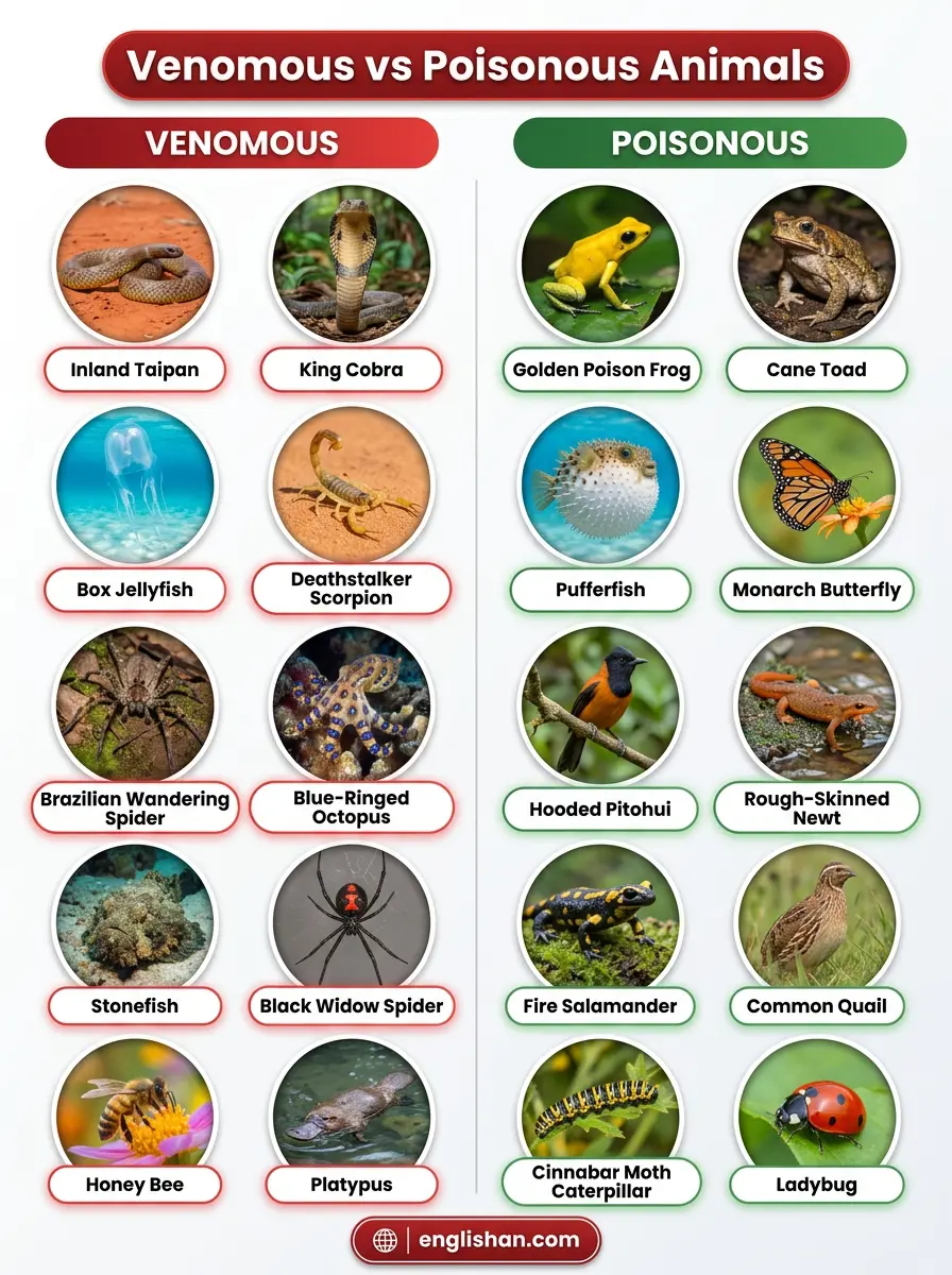 Venomous vs poisonous animals compared with a cobra, poison dart frog, and pufferfish examples.