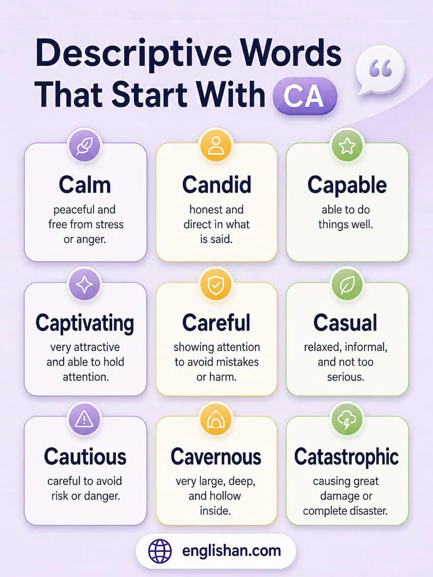 Descriptive words that start with CA across positive, negative, and neutral tones: calm, capable, captivating, caring, candid, callous, careless, caustic, casual, cautious, careful, and calculated for writing and vocabulary.