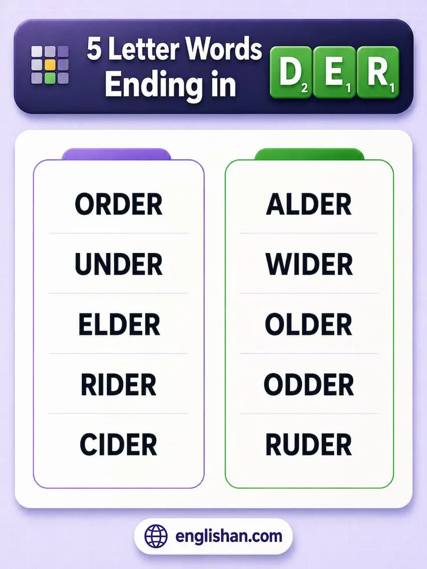 Five Letter Words with D in the Middle That End in DER including adder, alder, cider, coder, elder, order, rider, udder, under, and wider for Wordle and Scrabble.