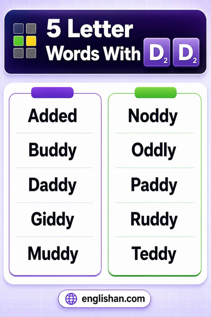 5 Letter Words with Double D in the Middle including added, adder, buddy, caddy, daddy, giddy, kiddo, muddy, oddly, paddy, ruddy, teddy, and udder for Wordle and Scrabble.