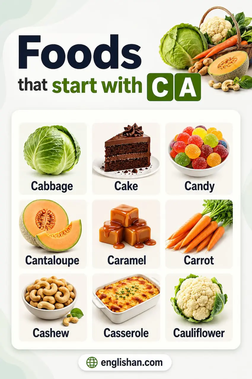 Foods That Start with CA including cake, carrot, cabbage, cashew, cantaloupe, caramel, calzone, cannoli, casserole, cauliflower, caviar, and cappuccino across food categories.