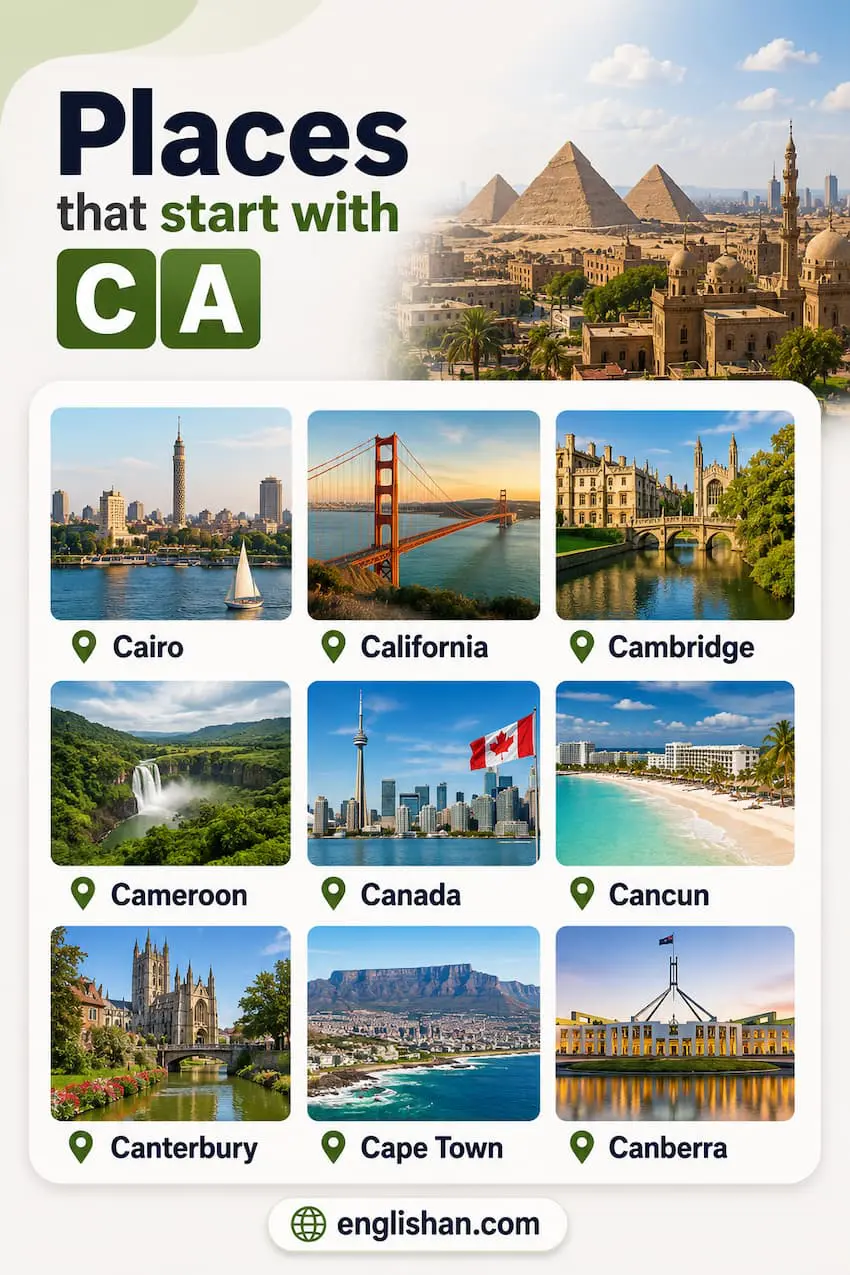Places That Start with CA including Canada, Cambodia, Cameroon, California, Cairo, Cancun, Cape Town, Canberra, Caracas, Calgary, Cambridge, Cartagena, Casablanca, Capri, and Cayman Islands across countries, cities, states, and islands.
