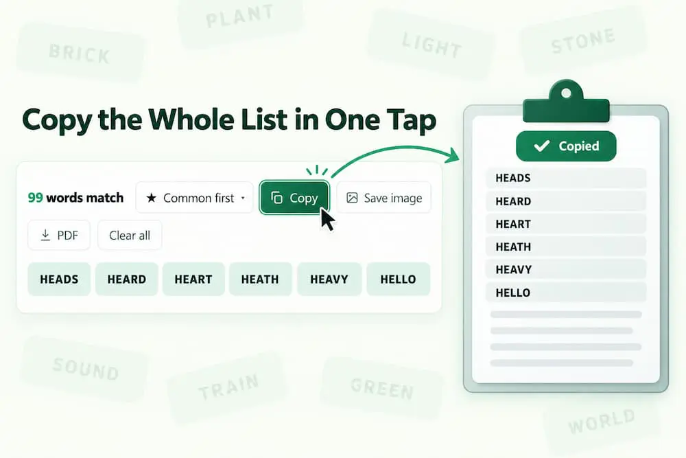 5 Letter Word Finder Copies the Whole Organized List in one Tap