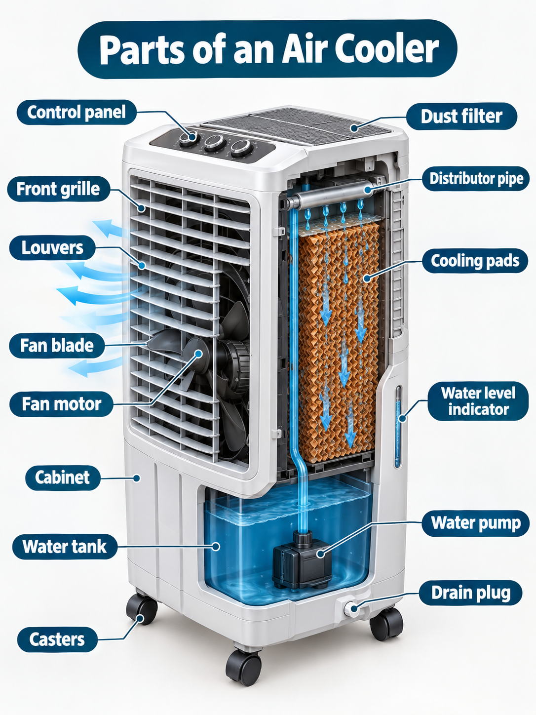 Parts of an air cooler including cooling pads, water tank, water pump, fan motor, blower, control panel, and louvers