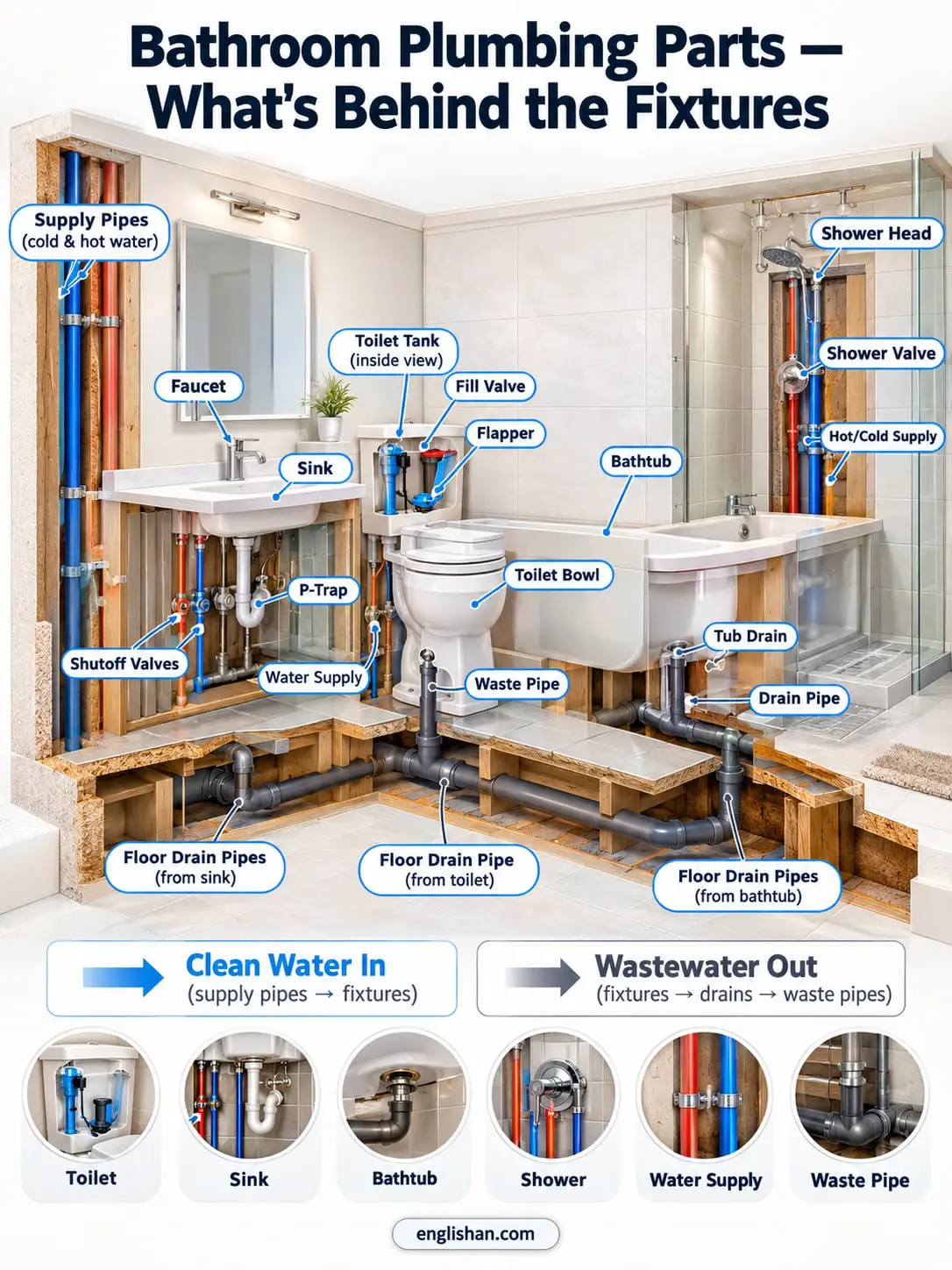 Bathroom plumbing parts including hot and cold supply lines, shutoff valves, sink P trap, toilet connections, and drainpipes