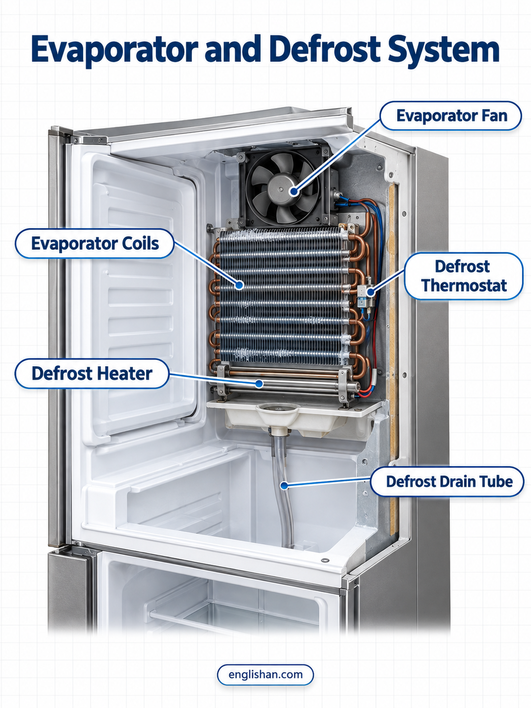 Evaporator and defrost system parts including the evaporator coil, fan, defrost heater, thermostat, sensor, and drain tube