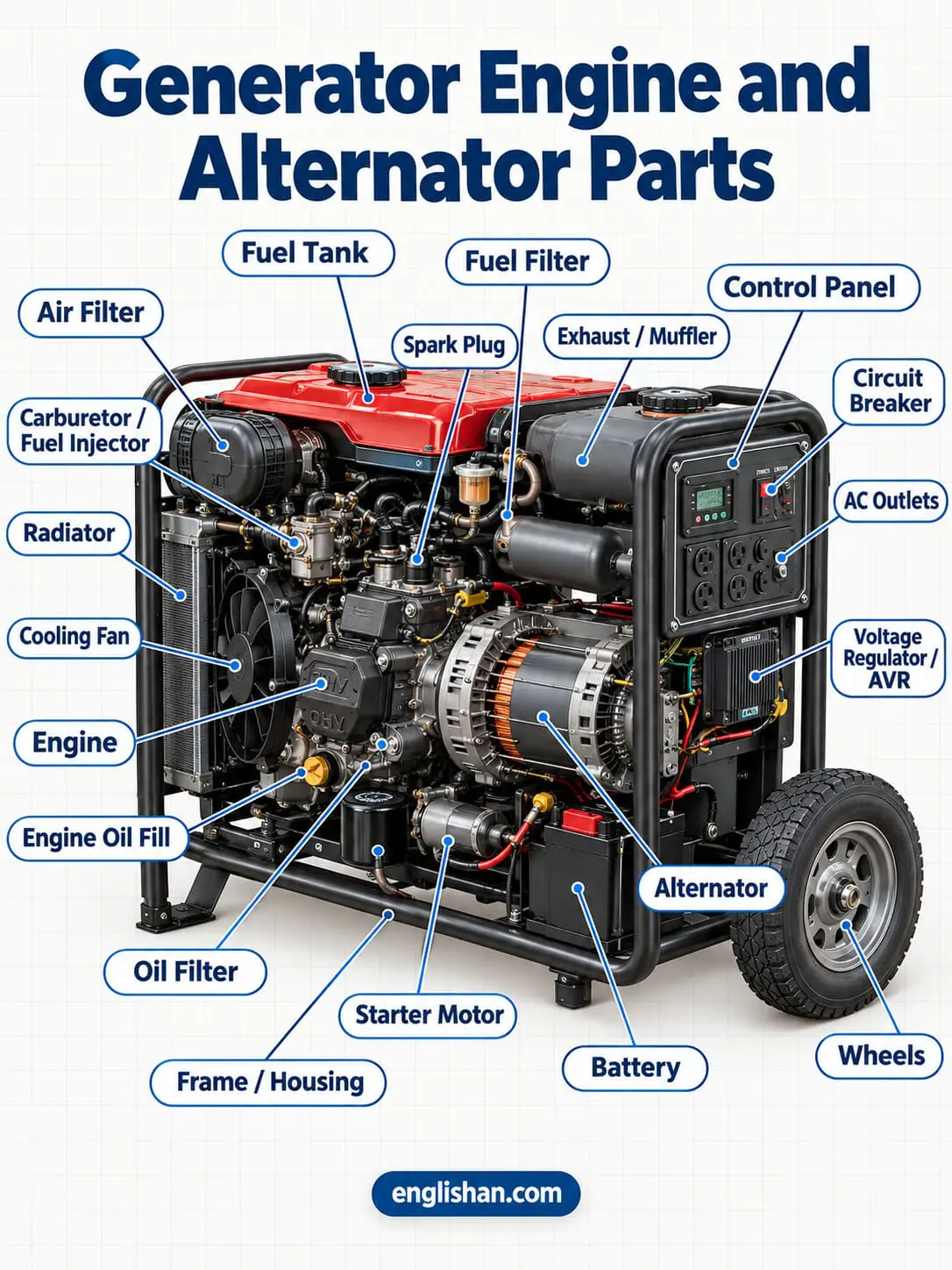 Generator engine and alternator parts including the piston, crankshaft, fuel injector, stator, rotor, and windings