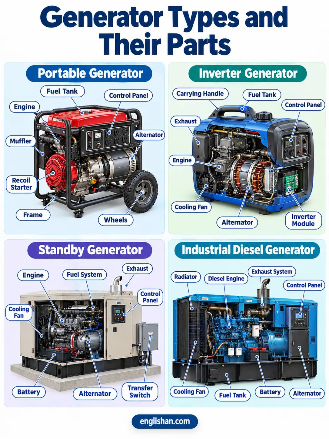 Generator types and their parts including portable, standby, inverter, industrial, diesel, and gasoline generator components