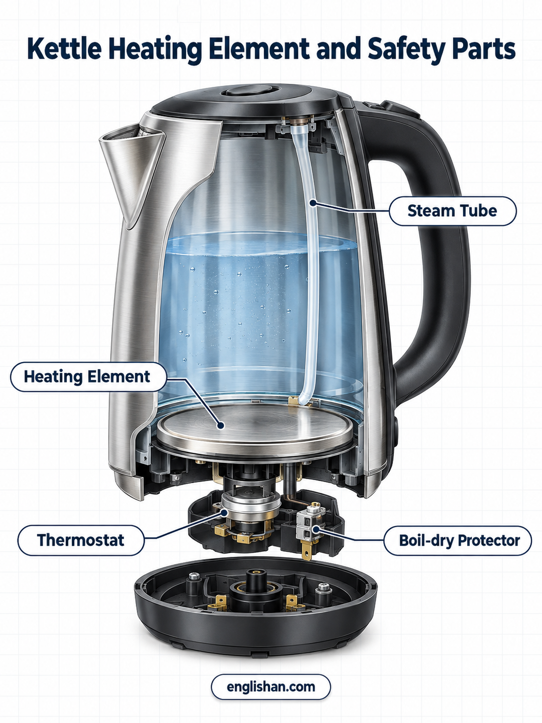 Kettle heating element and safety parts including the heater, thermostat, thermal fuse, cutoff, switch, and connector
