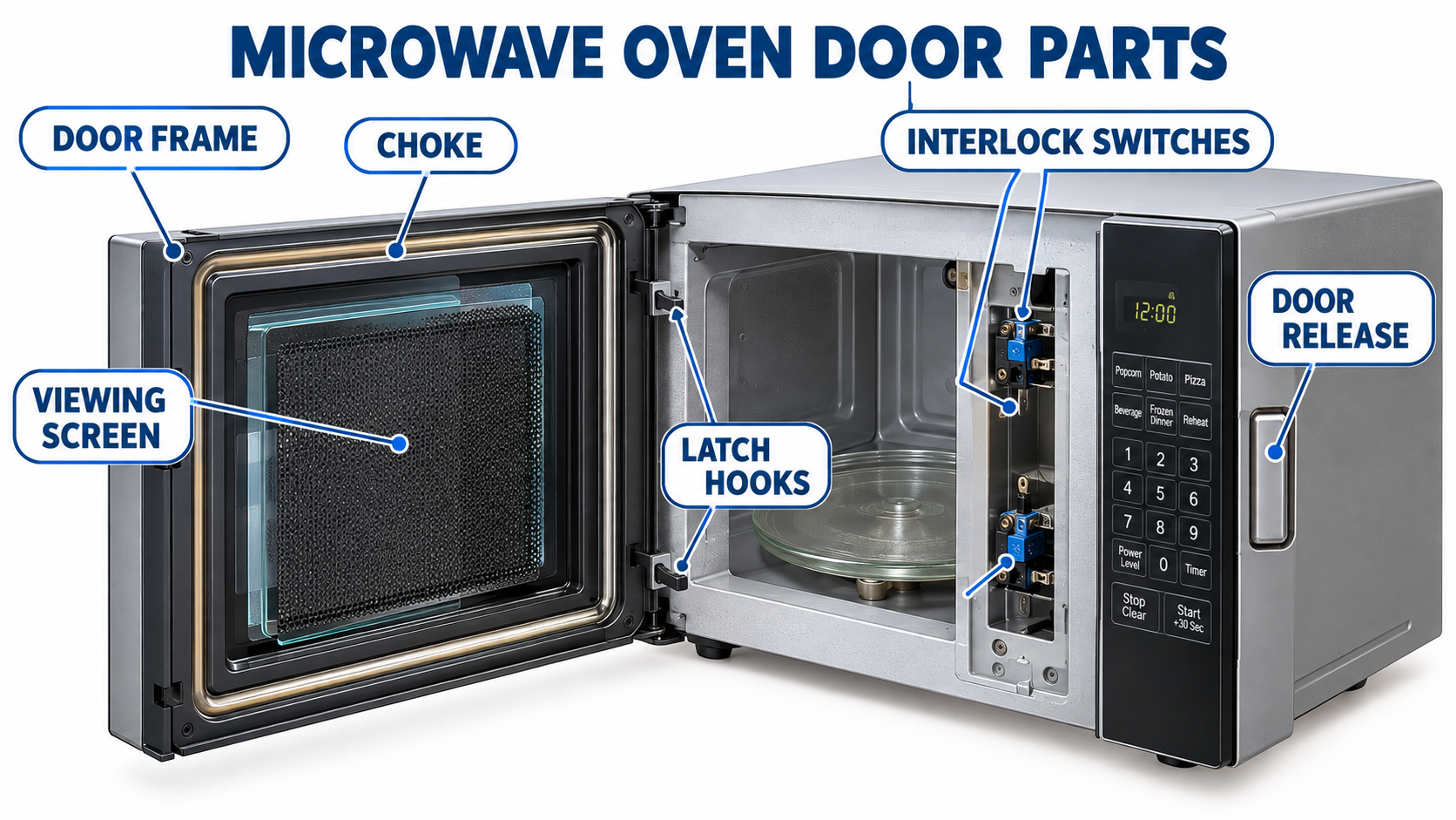 Microwave oven door parts including the frame, viewing window, mesh screen, gasket, handle, hinges, latch, and interlock switch