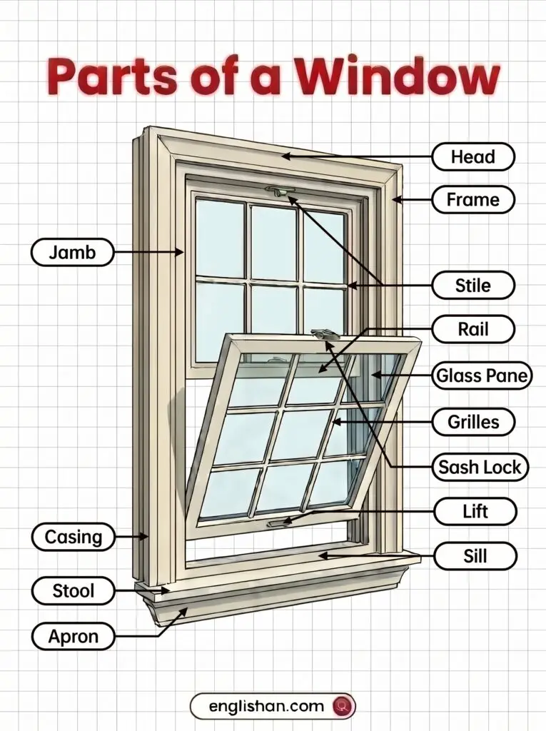 Parts of a window including head jamb, side jambs, sill, sash, stiles, rails, and muntins