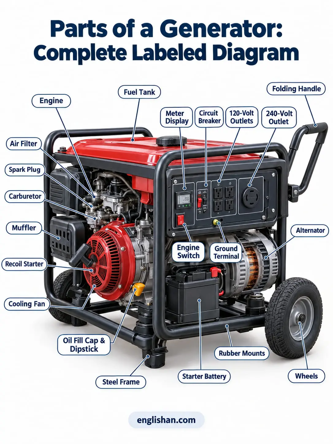 Parts of a generator including the engine, alternator, fuel tank, battery, radiator, exhaust system, and control panel