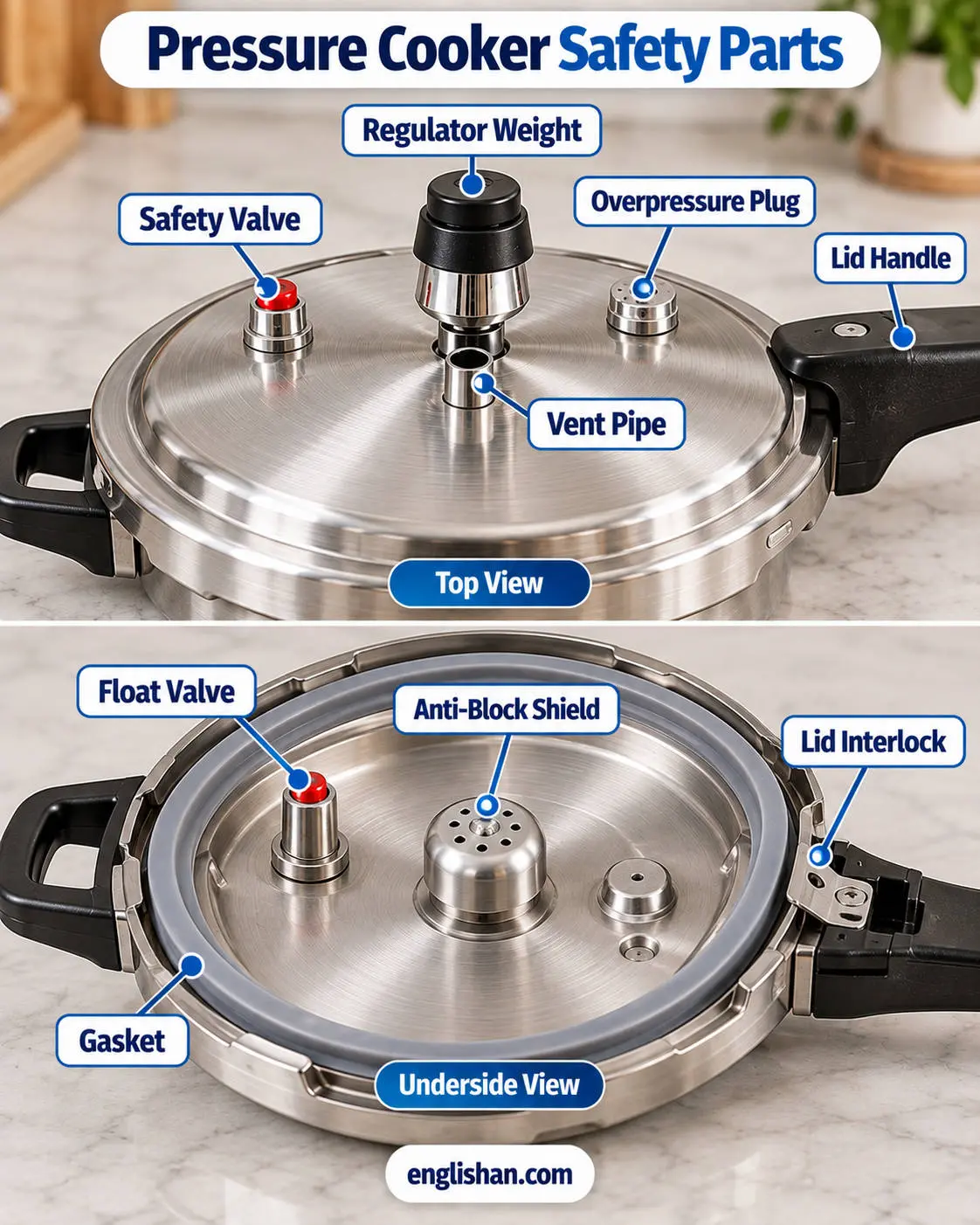 Pressure Cooker Safety Parts Diagram with safety valve, locking pin, sealing ring, vent pipe, and pressure regulator.