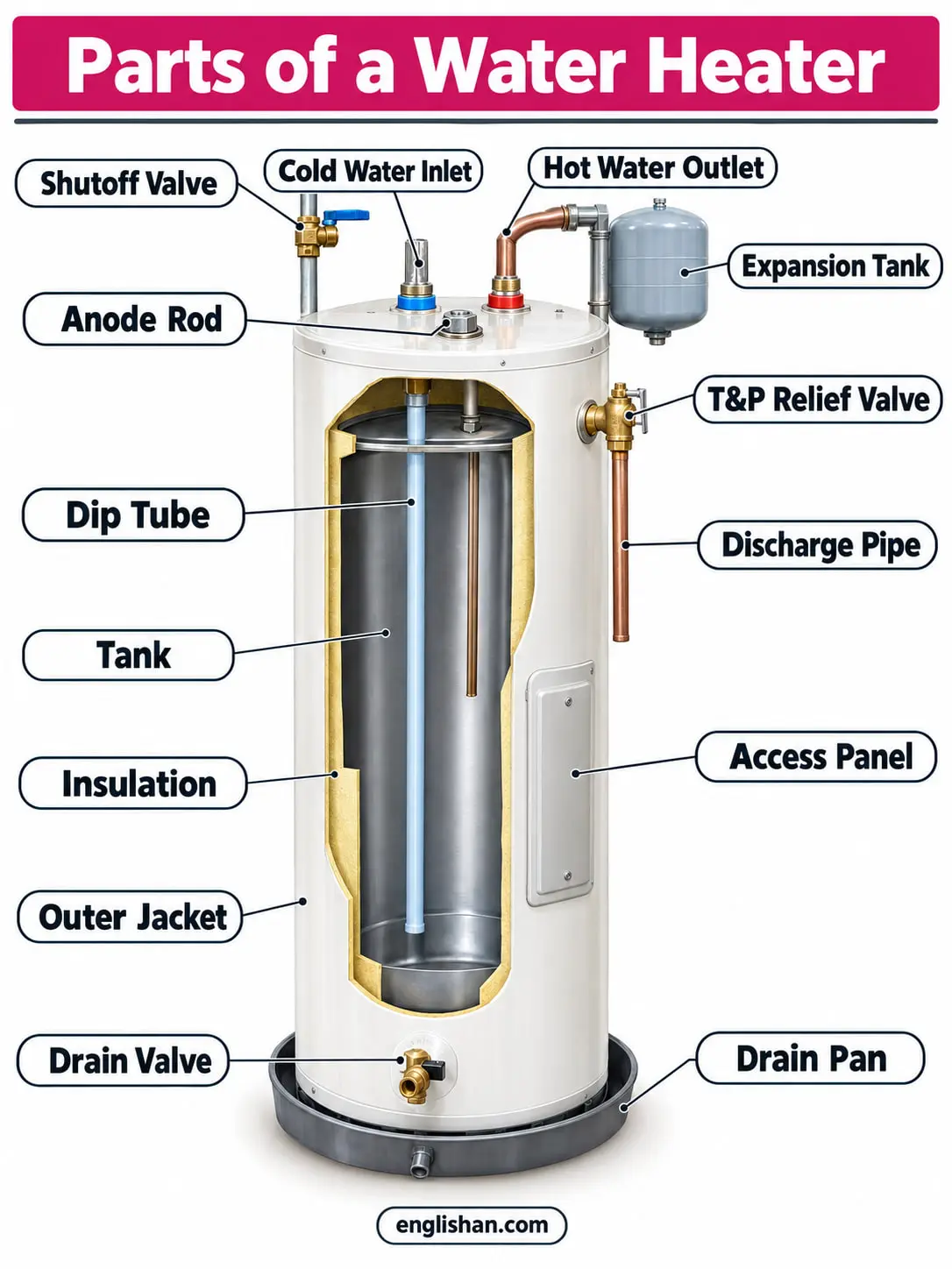 Parts of a storage tank water heater showing the tank, thermostat, heating element, anode rod, dip tube, and drain valve