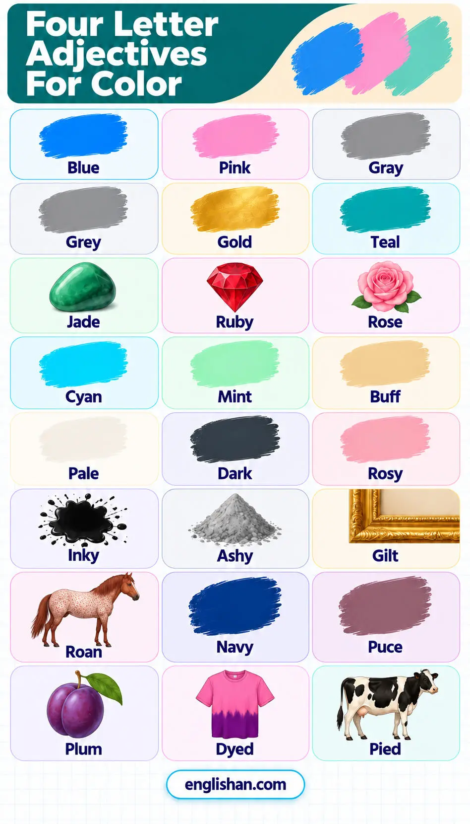 Four letter adjectives for color such as pink, blue, gray, teal, navy, rose, lime, pale, and dark on color swatches