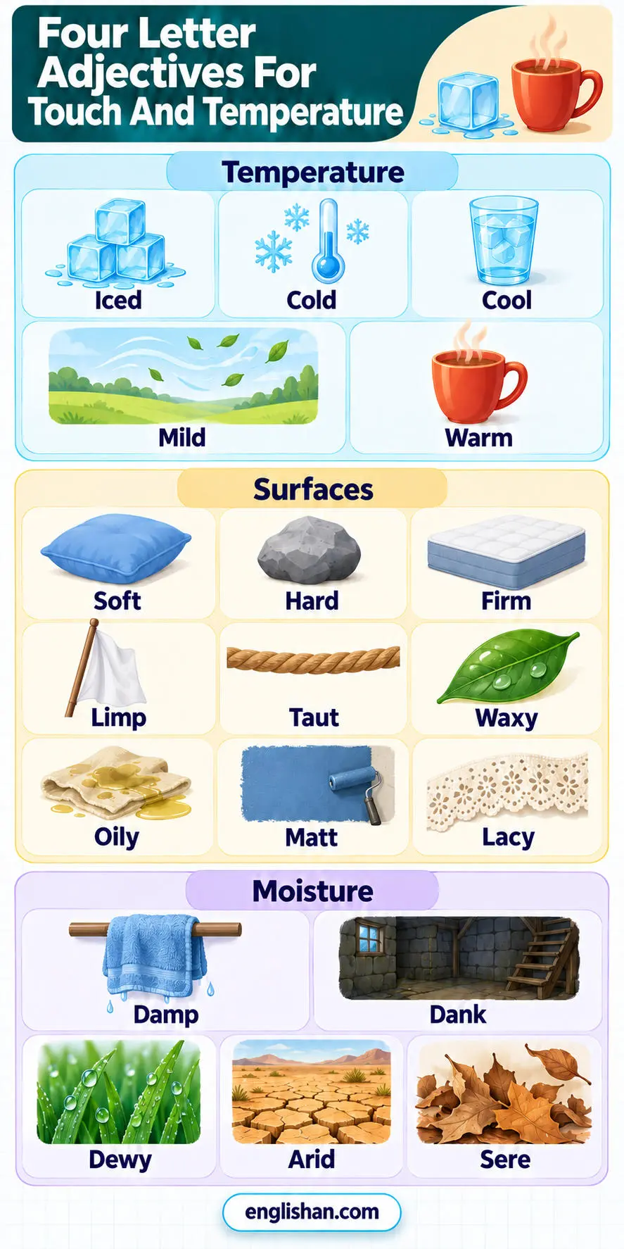 Four letter adjectives touch and temperature such as soft, hard, firm, damp, limp, cold, warm, cool, and mild