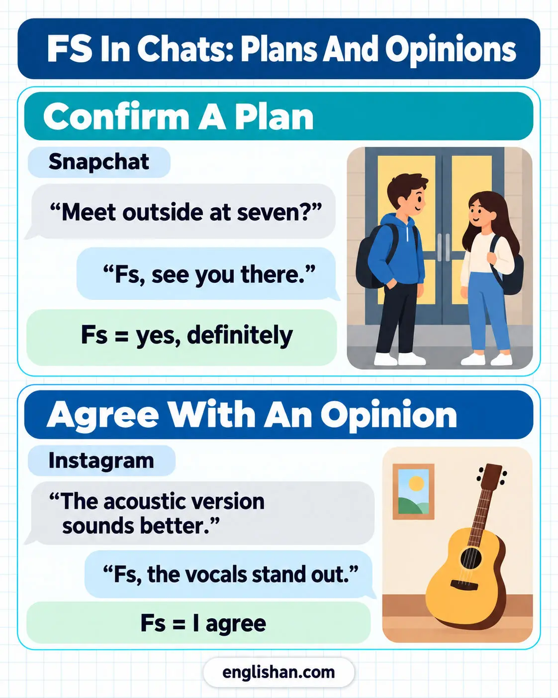 A Snapchat chat confirming plans with FS and an Instagram chat where FS agrees with an opinion.