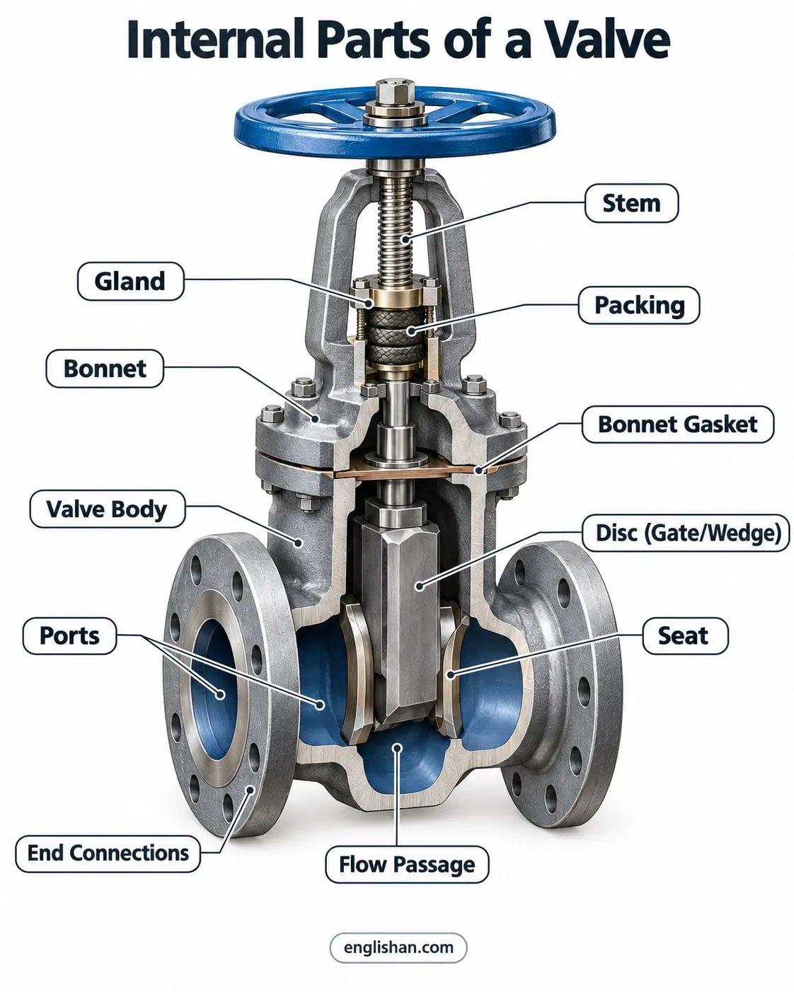 Parts of a rising stem gate valve showing the handwheel, stem, bonnet, valve body, gate, seat, packing, and flanges