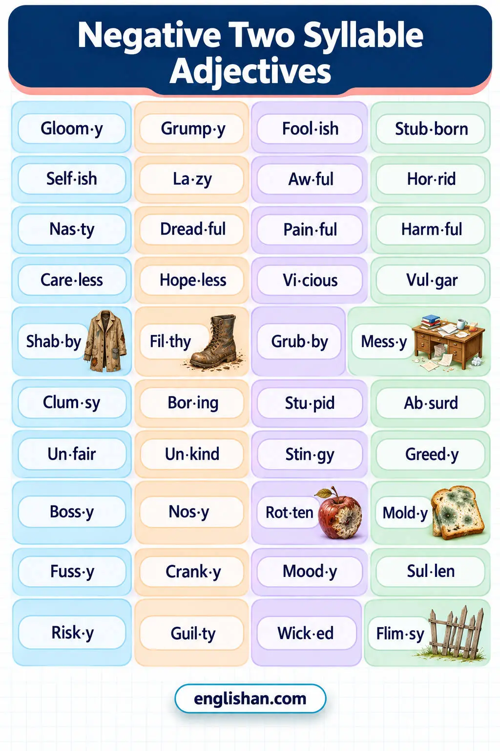 Negative two syllable adjectives such as lazy, nasty, selfish, stubborn, gloomy, awful, bitter, and rotten