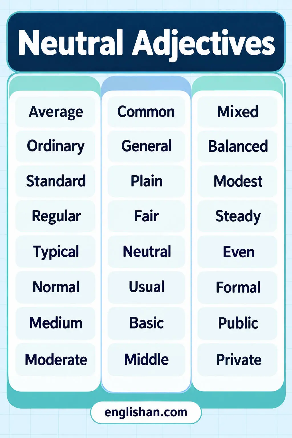 Neutral adjectives list showing average, ordinary, standard, moderate, and fair with no strong positive or negative tone