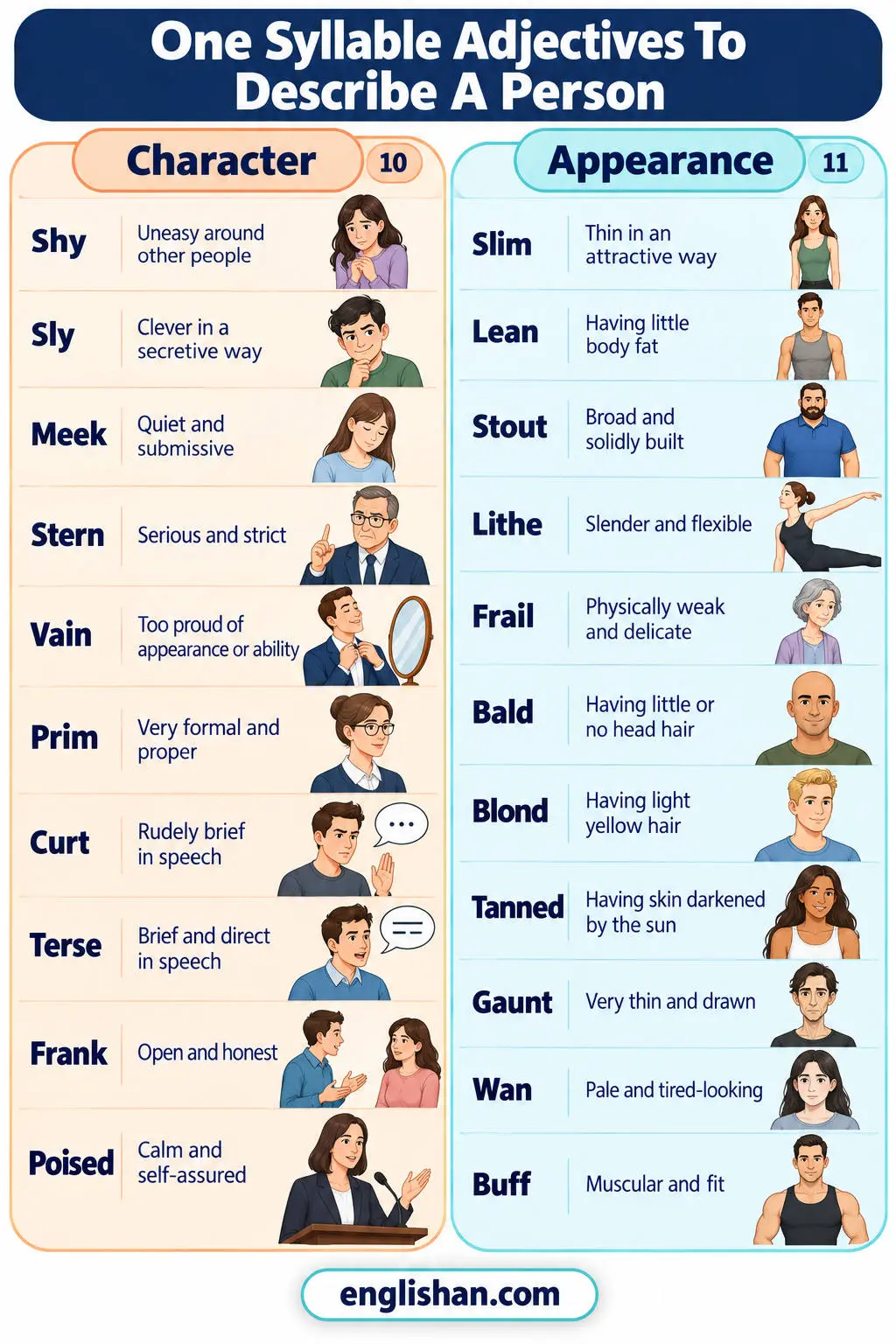 One syllable adjectives to describe a person such as shy, sly, meek, stern, slim, lean, frail, bald, and tanned