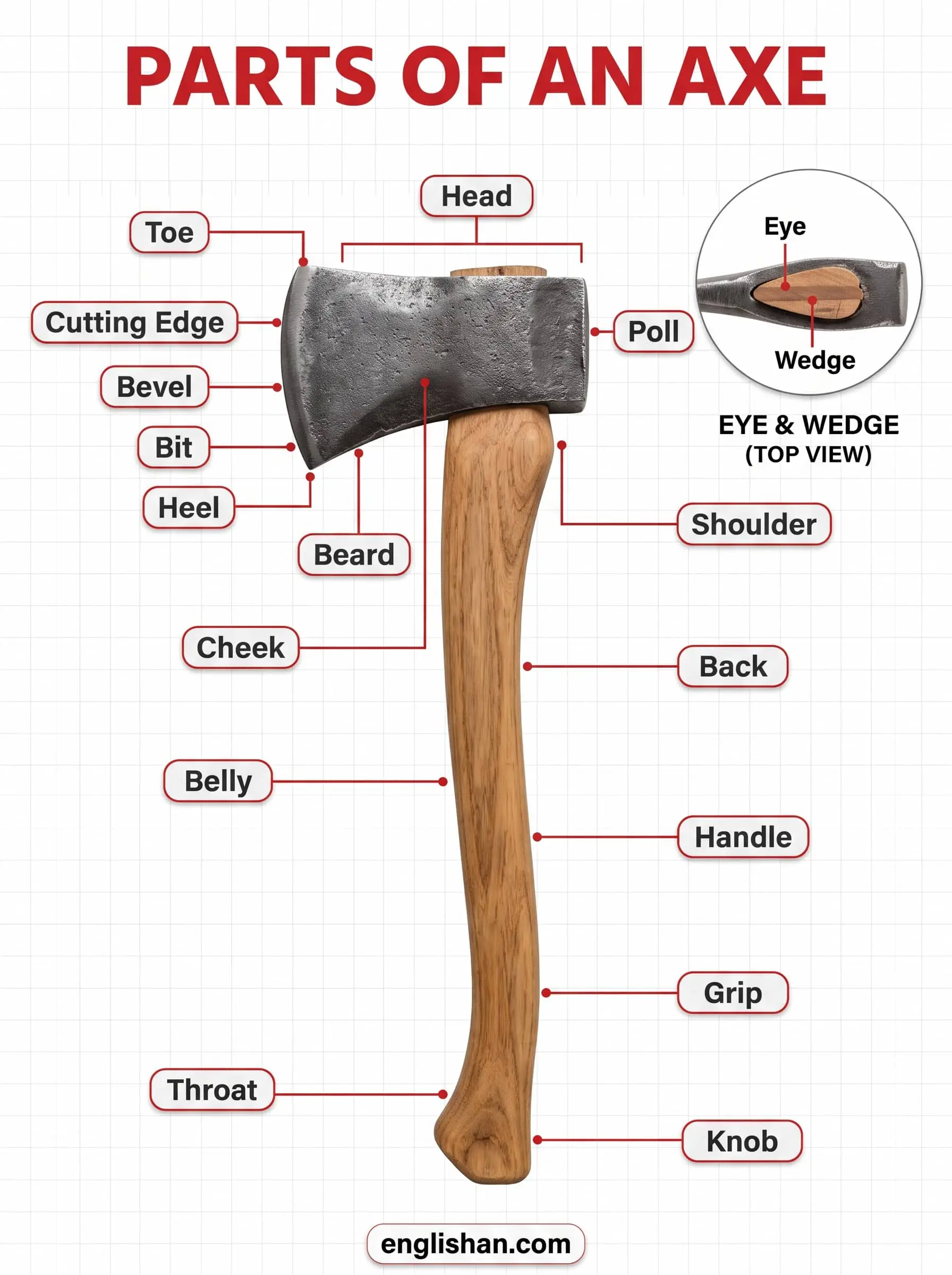 Parts of an axe showing the steel head, cutting edge, bit, poll, cheek, eye, wooden handle, shoulder, and grip