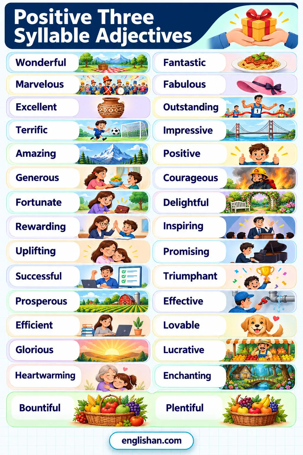 Positive three syllable adjectives such as beautiful, wonderful, delightful, fantastic, generous, and gracious