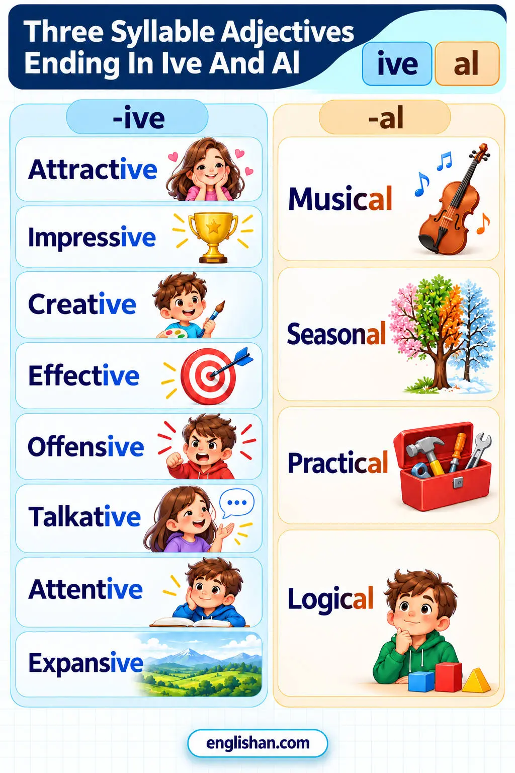 Three syllable adjectives ending in ive and al such as attractive, creative, impressive, sensitive, natural, and personal