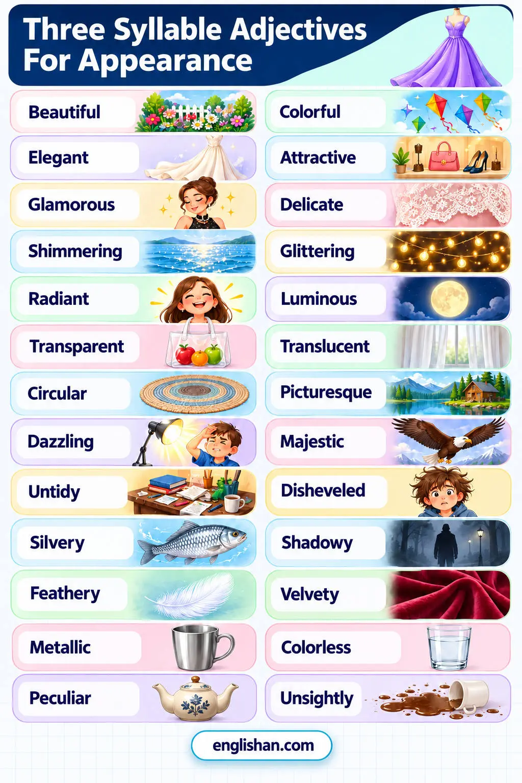 Three syllable adjectives for appearance such as beautiful, attractive, elegant, colorful, glamorous, delicate, and untidy