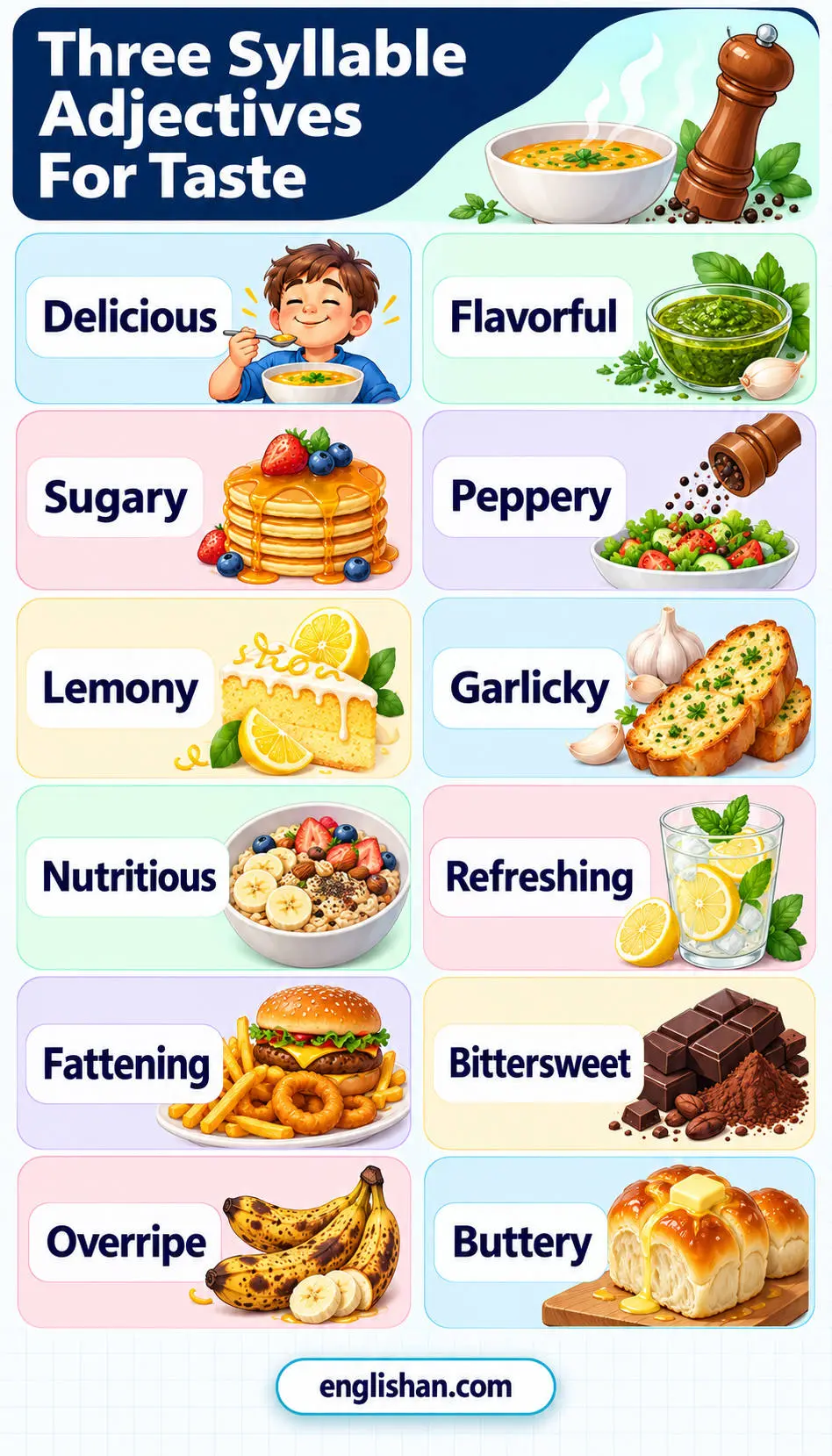 Three syllable adjectives for taste such as delicious, flavorful, delectable, sugary, buttery, savory, and refreshing