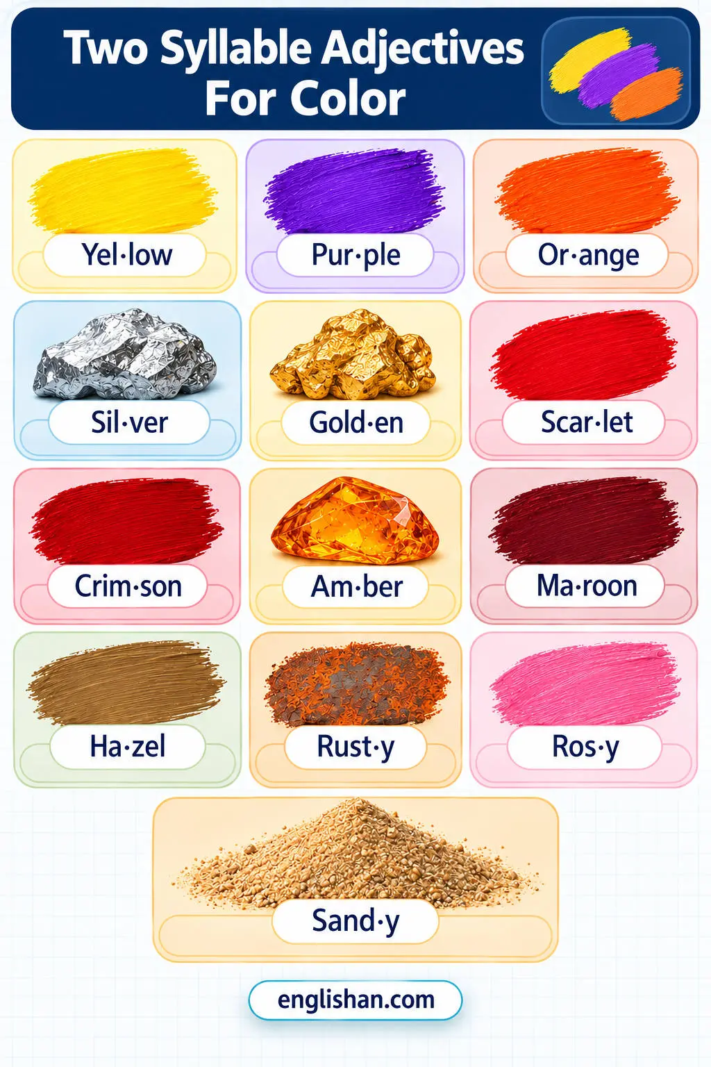 Two syllable adjectives for color such as yellow, purple, orange, silver, golden, scarlet, violet, and ivory on swatches