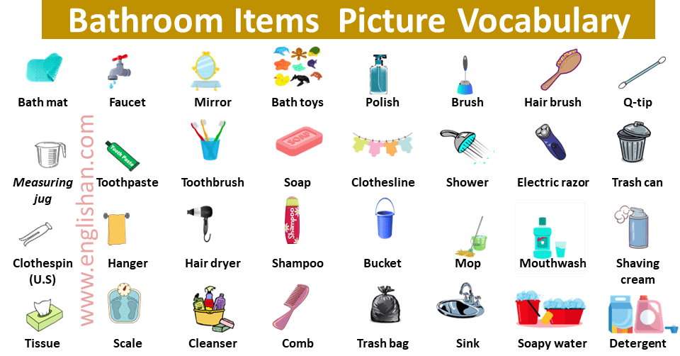 List of Bathroom Items Picture Vocabulary