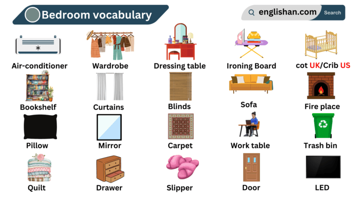 Bedroom items vocabulary with images