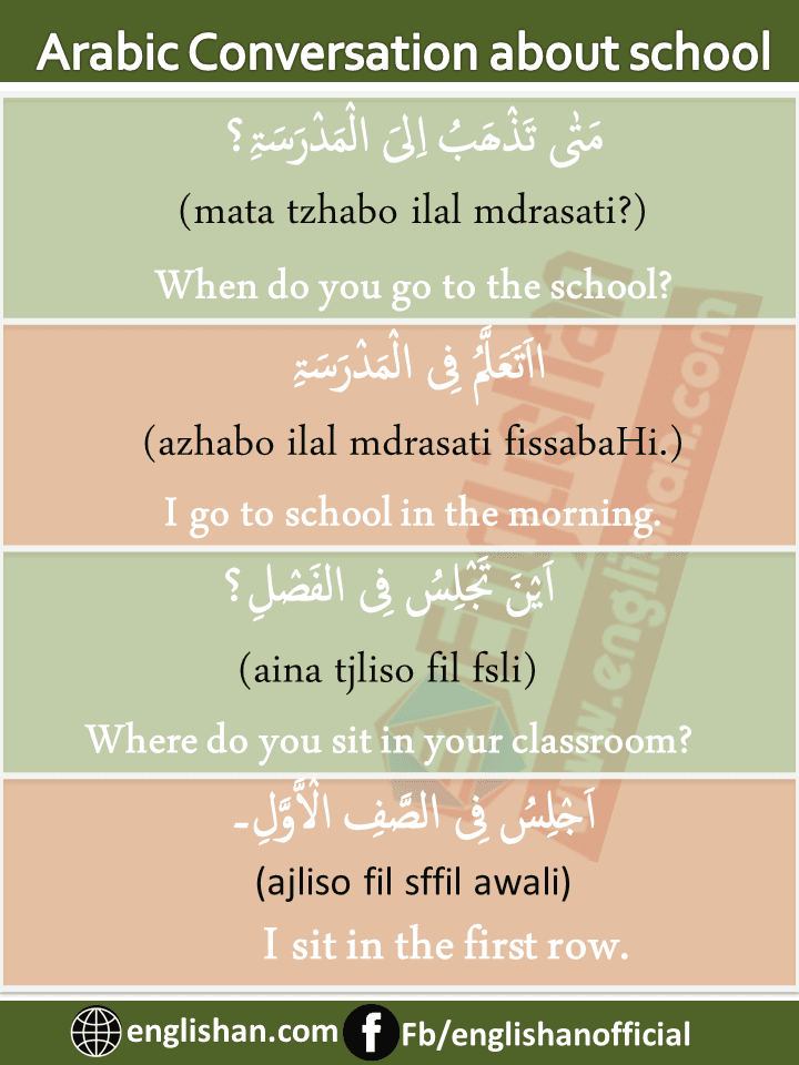 Arabic English Conversation about school and studies with PDF
